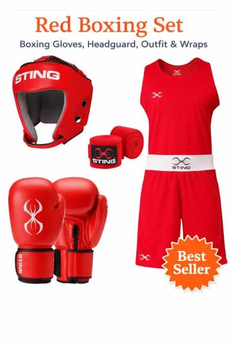 May include: A red boxing set including a headguard, gloves, hand wraps, and a matching outfit. The gloves and headgear feature the "STING" logo. The outfit includes a top and shorts with a white waistband.