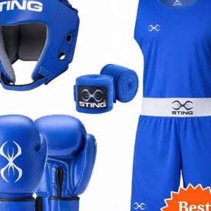 May include: A blue boxing set including a head guard, hand wraps, gloves, and a sleeveless top and shorts. The set features the "STING" logo and is designed for boxing training and competition.