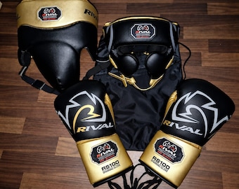 Conjunto de equipamiento de boxeo Black Gold, guantes, casco, protector inguinal, entrenamiento y sparring (Rival).