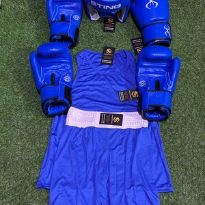 May include: A complete blue boxing set, including gloves, headgear, a tank top, and shorts. The gloves have a white spider web design. The headgear has the word "STING" printed on it. The shorts have a white waistband.
