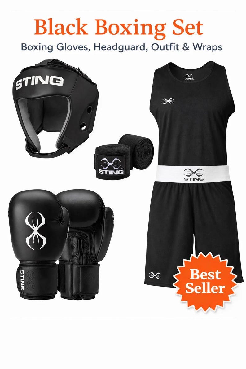 May include: Black boxing set including gloves, headgear, outfit, and wraps. The set features black boxing gloves, a headguard, a black tank top and shorts with a white waistband, and black hand wraps. The brand name "STING" is visible on multiple items.