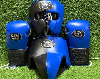 Conjunto de entrenamiento de boxeo de cuero auténtico: guantes, casco y protector inguinal para Muay Thai Kickboxing.