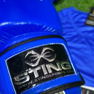 May include: Close-up of blue boxing gloves with the brand name "STING" in white. The gloves have a black trim and a glossy black patch with the brand name and website address. The gloves are on a green surface.