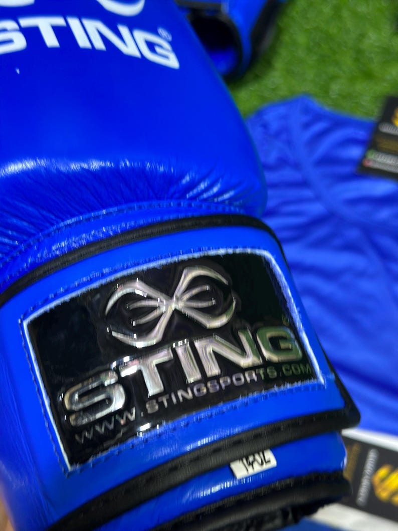 May include: Close-up of blue boxing gloves with the brand name "STING" in white. The gloves have a black trim and a glossy black patch with the brand name and website address. The gloves are on a green surface.