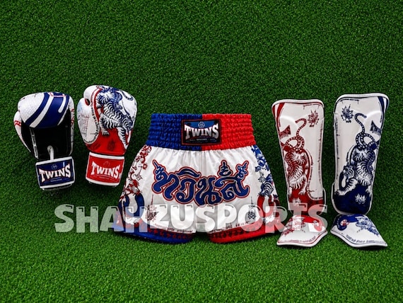 Twins Style Muay Thai Boxing Set Gloves, Shorts, Shin Guards, Headgear, and Dragon Design