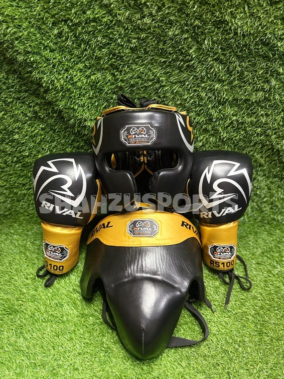 Rival Professional Boxing Set | Black Gold Gloves, Headgear, Groin Guard Training Gear
