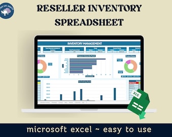 Puede incluir: Una computadora portátil muestra una hoja de cálculo de inventario de revendedor con gráficos para la gestión de inventario. La pantalla muestra visualizaciones de datos, incluidos gráficos circulares y de barras, con el texto "Reseller Inventory Spreadsheet" y "Microsoft Excel ~ easy to use".