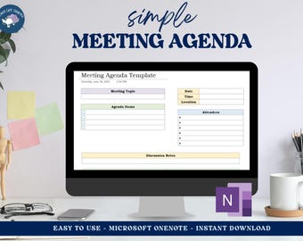 May include: A computer monitor displays a meeting agenda template with sections for topics, agenda items, and attendees. The words "simple MEETING AGENDA" are at the top. The text "EASY TO USE - MICROSOFT ONENOTE - INSTANT DOWNLOAD" is at the bottom.