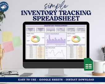 Puede incluir: Un monitor de computadora muestra una hoja de cálculo de seguimiento de inventario con gráficos y tablas. El texto "simple INVENTORY TRACKING SPREADSHEET" está en la parte superior. La parte inferior de la pantalla dice "EASY TO USE - GOOGLE SHEETS - INSTANT DOWNLOAD".