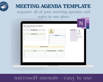 May include: A laptop screen displays a meeting agenda template with fields for topics, agenda items, and attendees. The text "MEETING AGENDA TEMPLATE" is at the top, with "microsoft onenote - easy to use" at the bottom.