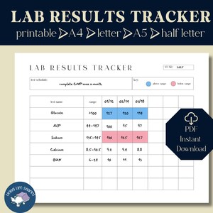 Registro de resultados de laboratorio imprimible en PDF / Registro de pruebas médicas / Tamaños A4, A5, Carta y Media Carta / Inserto de planificador de salud / Descarga instantánea