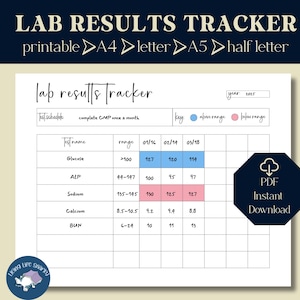 Registro de resultados de laboratorio imprimible en PDF / Registro de pruebas médicas / Tamaños A4, A5, Carta y Media Carta / Inserto de planificador de salud / Descarga instantánea