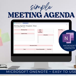 May include: A computer monitor displays a meeting agenda template with pink and white sections. The words "simple MEETING AGENDA" are at the top. A Microsoft OneNote logo is on the right. The text "MICROSOFT ONENOTE ~ EASY TO USE" is at the bottom.