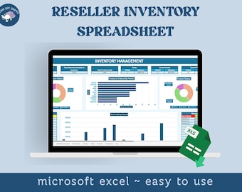 Puede incluir: Una computadora portátil muestra una hoja de cálculo titulada "Reseller Inventory Spreadsheet". La pantalla muestra un panel de control de gestión de inventario con gráficos y datos. El texto "microsoft excel ~ easy to use" está en la parte inferior. Un icono de archivo "XLS" verde está en la esquina inferior derecha.