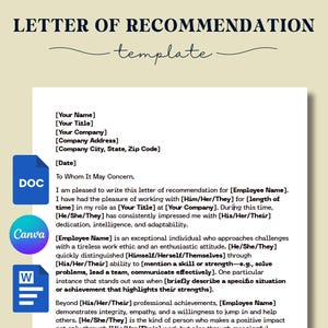 Plantilla de carta de recomendación editable / Carta de recomendación personalizable / Carta de referencia de empleado / Google Docs, Word y Canva