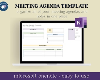 May include: A laptop screen displays a meeting agenda template with fields for topics, agenda items, and discussion notes. The text reads "MEETING AGENDA TEMPLATE" and "microsoft onenote - easy to use."