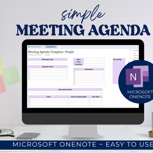May include: A computer monitor displays a purple meeting agenda template. The words "simple MEETING AGENDA" are at the top. The Microsoft OneNote logo is on the right. Text at the bottom reads "MICROSOFT ONENOTE ~ EASY TO USE".