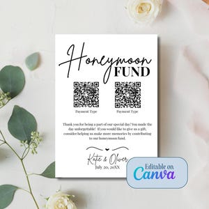 Honeymoon Fund Sign Template - QR-Code bearbeitbare Canva-Vorlage - Minimale Hochzeit druckbar - 8x10, A4, A5, 5x7 - Sofort-Download
