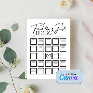 Bingo para encontrar invitados – Juego de bodas – Plantillas editables de Canva en 4 tamaños – Precargadas y en blanco – Impresión doméstica o profesional – Descarga instantánea
