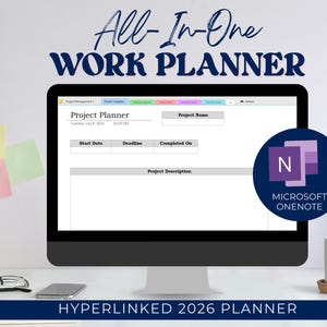 May include: A computer monitor displays a project planner template with the text "All-In-One Work Planner" and "Hyperlinked 2026 Planner." A Microsoft OneNote logo is visible. Other items include a mug, glasses, and sticky notes.