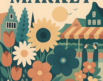 Bunter Blumenmarkt Print, botanisches Dekor (Digitaler Download)