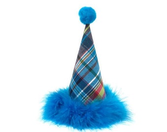 Dog Birthday Hat, Blue Multicolor Plaid Hat