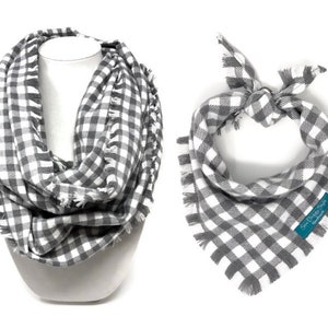 Gray Areas Dog Bandana with Matching Infinity Scarf, Matching Pet and Owner Accessories, Mini Checks, Buffalo Plaid Bandana