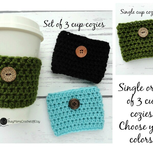 Handmade double crochet cup cozy, made to order, single or set of 3 available, choose colors, cup sleeve, coffee cup, tea cozy