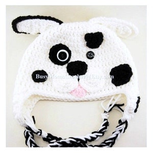 White dalmatian puppy hat, handmade crochet with black spots, boy or girl dalmatian, baby to child size, dalmatian dog, puppy hat fireman