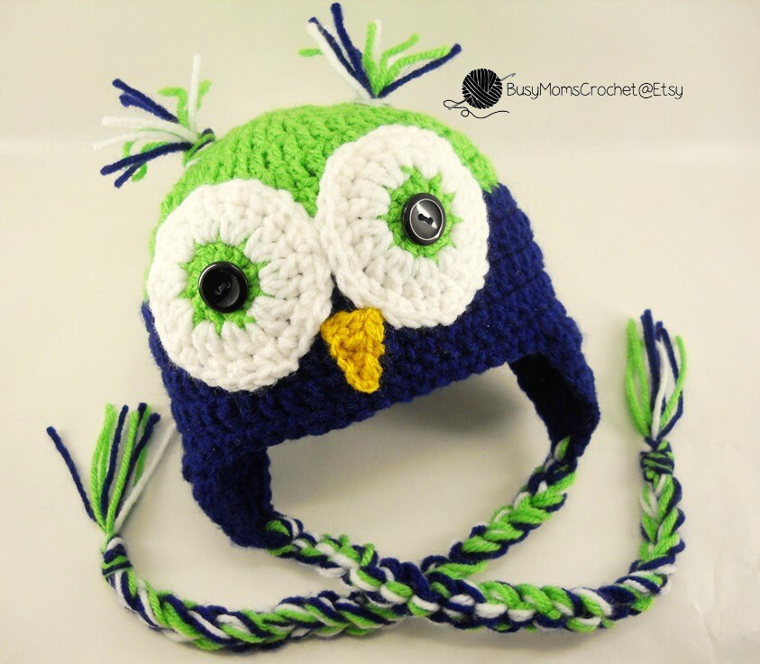 Seahawks colors inspired crochet green and blue owl hat, sizes 0 months to Child size, owl hat