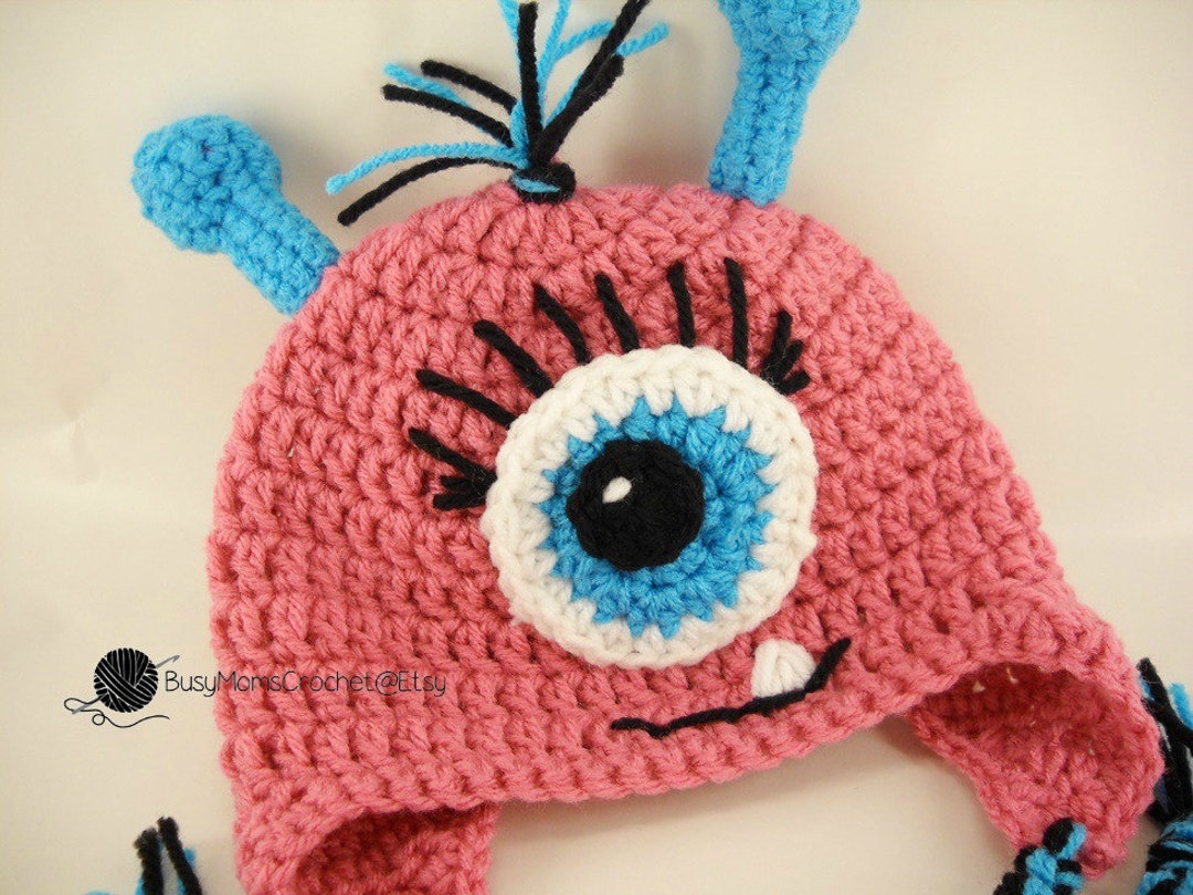 Handmade Crochet Baby Girl Monster Hat With Antennae and Eyelashes