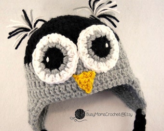 Crochet owl hat, Oakland Raiders inspired black and grey colors, sizes 0 months to Child size, owl hat, handmade
