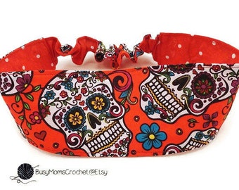 Skulls and Roses, Day of the Dead headband, adult size, fabric headband, Dia de los Muertos, Yoga headband, fitness headband, Halloween hair