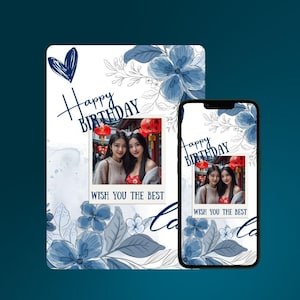 Cartão de aniversário floral azul – Cartão de felicitações elegante para imprimir para ela