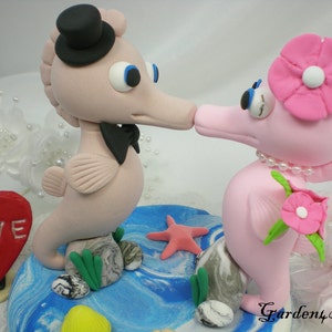 Custom Wedding Cake TopperSeahorse Love with Sweet Kiss and Ocean base-for Summer Beach Wedding image 5