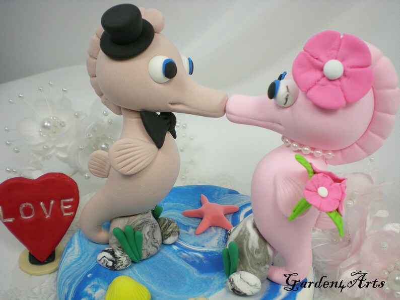 Custom Wedding Cake TopperSeahorse Love with Sweet Kiss and Ocean base-for Summer Beach Wedding image 5