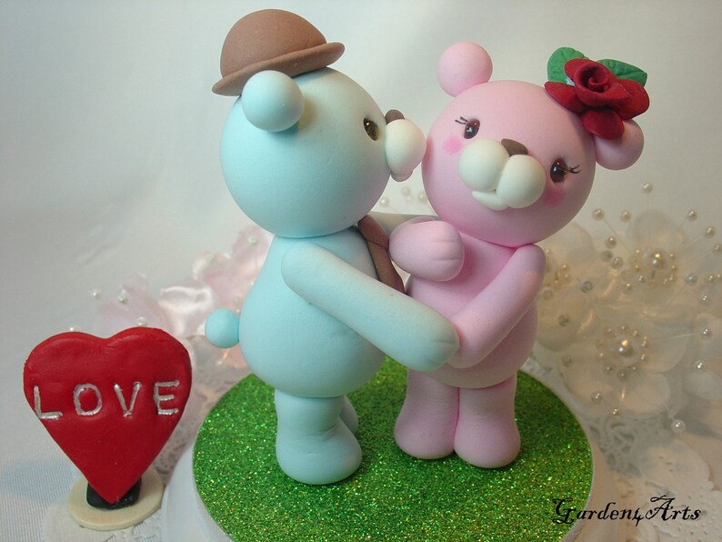 Customize bear Wedding Cake TopperKissing Bear HAND Hold HAND choice your color image 3
