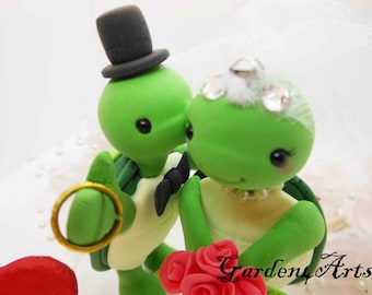 Customize Sweet Turtle Wedding Cake Topper--pattern color choice--circle clear base