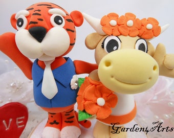 Customize Any College Mascot Wedding Cake Topper--Auburn Tiger & Texas Longhorn -- Circle Clear Base