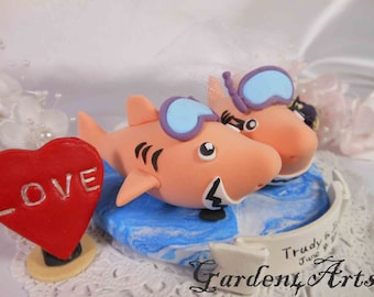 Customize Color Choice Lovely Shark Wedding Cake Topper -- Clay Ocean Base