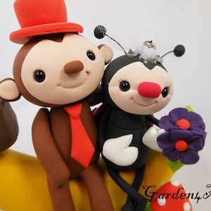 Customize Lovely Monkey & Ladybug Couple Wedding Cake Topper with Sweet Banana and Clay Grass Base image 1