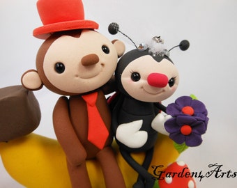 Customize Lovely Monkey & Ladybug Couple Wedding Cake Topper with Sweet Banana and Clay Grass Base