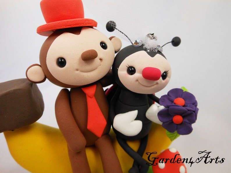 Customize Lovely Monkey & Ladybug Couple Wedding Cake Topper with Sweet Banana and Clay Grass Base image 1