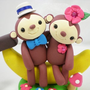 Customize Lovely Monkey & Ladybug Couple Wedding Cake Topper with Sweet Banana and Clay Grass Base image 3