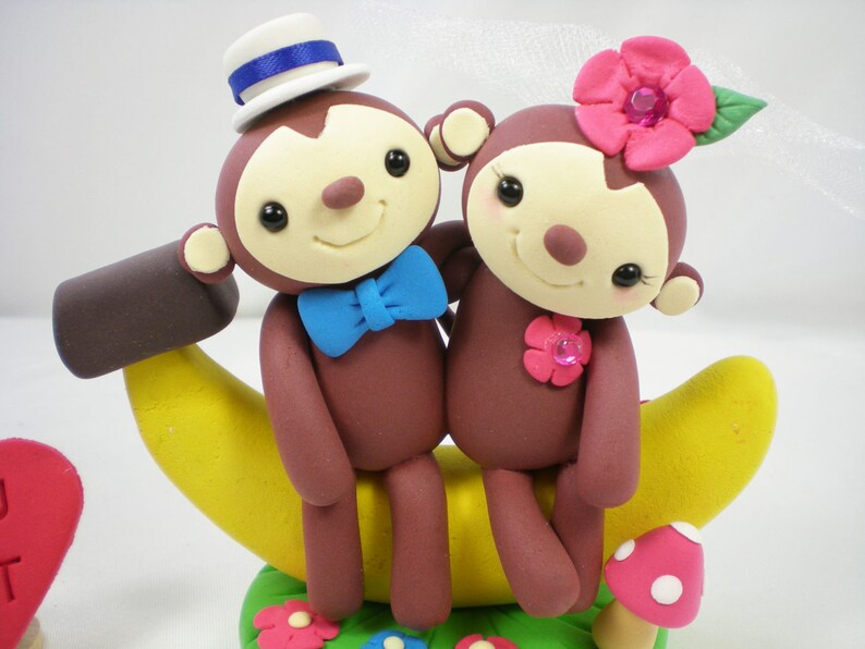 Customize Lovely Monkey & Ladybug Couple Wedding Cake Topper with Sweet Banana and Clay Grass Base image 3
