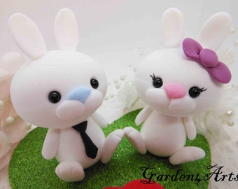 Customize color choice Cute Bunny Wedding Cake Topper with Heart Base-SPECIAL  FOR 2024