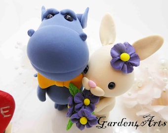 Custom Wedding Cake Topper--Sweet Love Couple  (Dragon & Bunny) with circle clear base