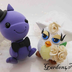 Customize Color Choice Love Dinosaur and Furby Wedding Cake Topper-- circle clear base