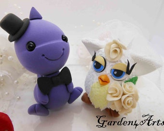 Customize Color Choice Love Dinosaur and Furby Wedding Cake Topper-- circle clear base