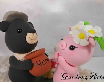 Customize any animal -- "Be My Honey"  Love Grizzly bear & Piggy with clay grass base